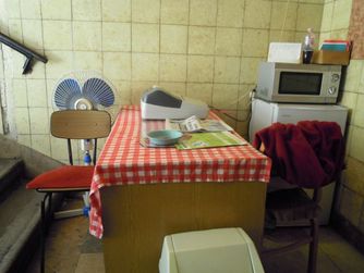 Hungarian train station rest room attendant's table