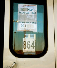 Karen McCann, train sign, Belgrade, Serbia, to Podgorica, Montenegro