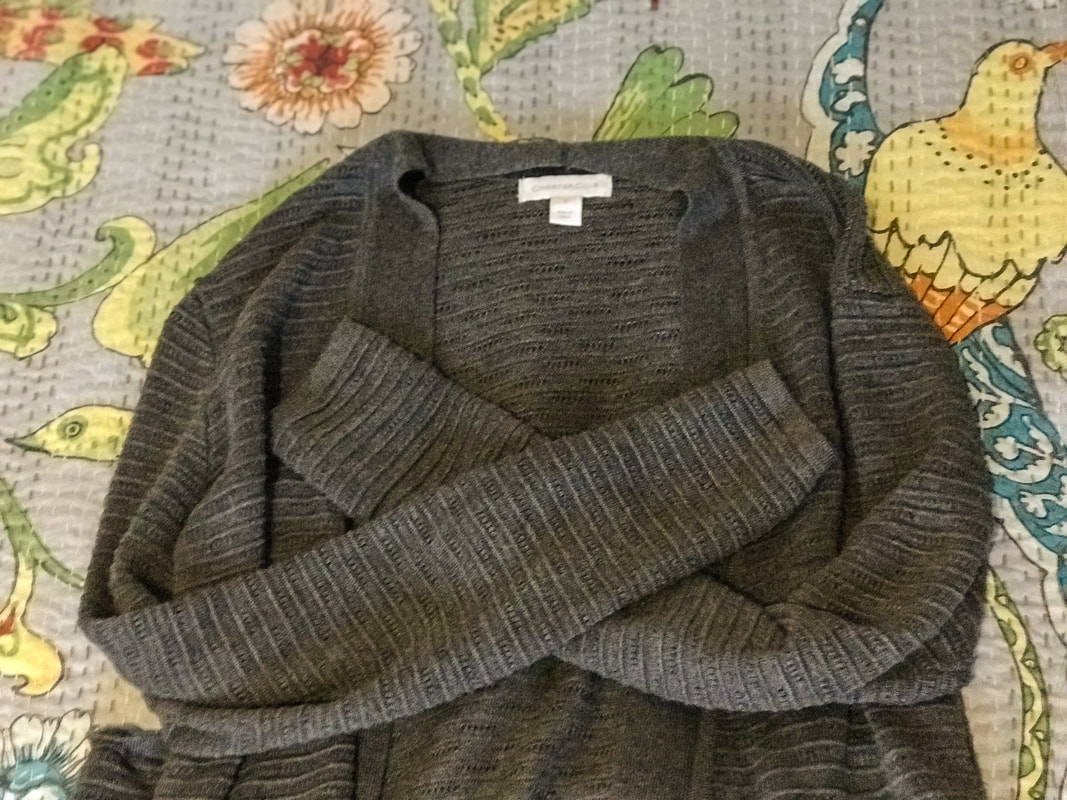 Gray cardigan, expired / Packing 1 Small Carry-on for 4 Months on the Road / Karen McCann / EnjoyLivingAbroad.com